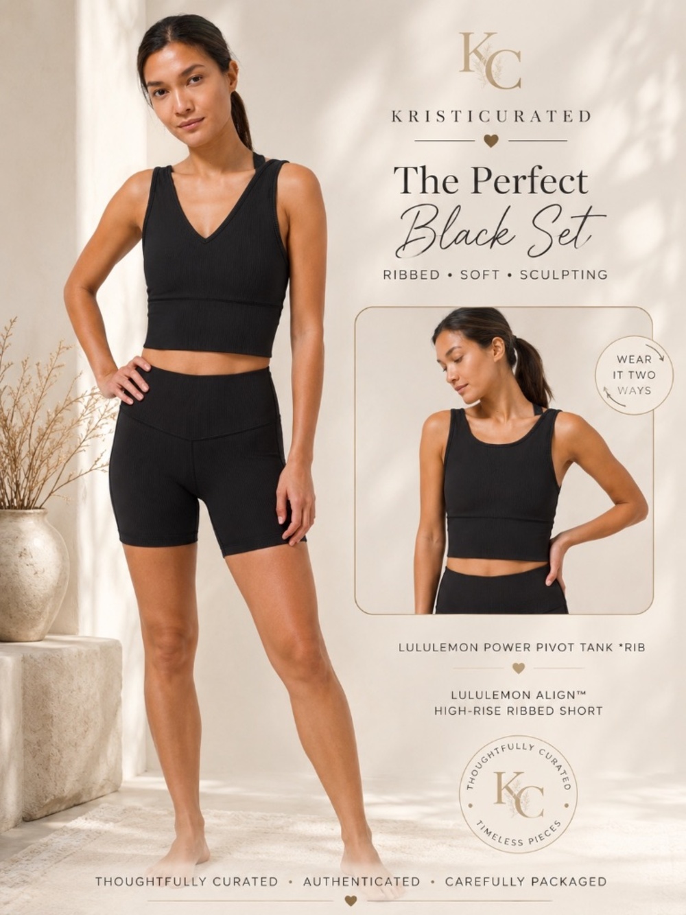 Lululemon Power Pivot Tank Rib Align High Rise Ribbed Shorts Set Black